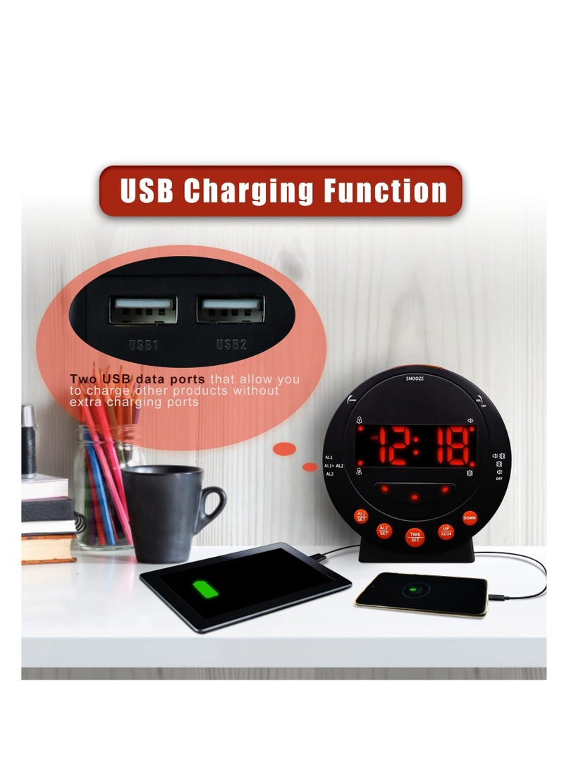 Extra Loud Alarm Clock Vibrating Alarm Clock with Bed Shaker Dual USB Charging Snooze Function 0-100% Dimmer and 0-120db Volume 12/24 Hours for Heavy Sleepers