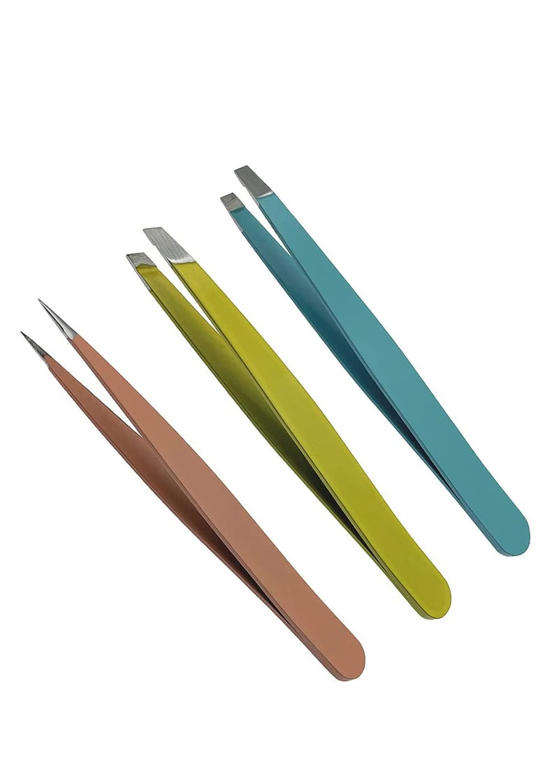 Eyebrow Tweezers, Professional Stainless Steel Precision Tweezers for Ingrown Hair Remove and Eyebrows Plucking and Facial Hair (Multicolor 3 Piece)
