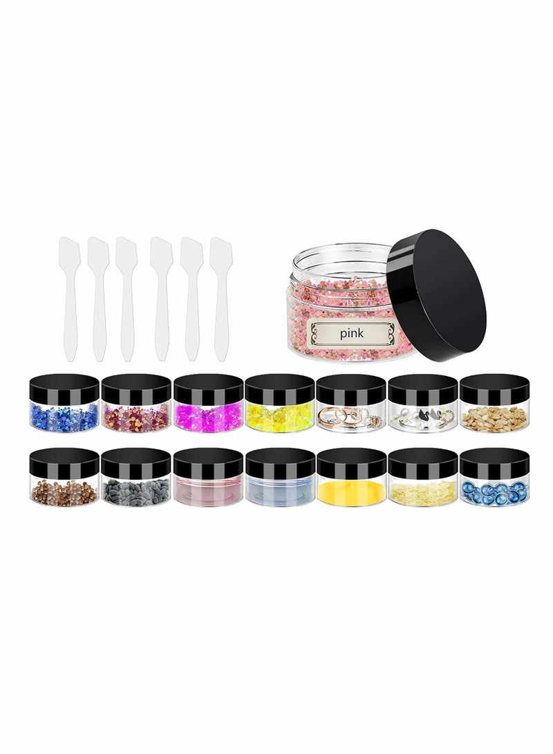 Plastic Makeup Cosmetic Jars, 12pcs 15ml Column Refillable Travel Empty Clear Sample Container Pots Bottles with Black Screw-on Lids and 6pcs Mini Spatulas for Creams/Powder/Make Up Cosmetic