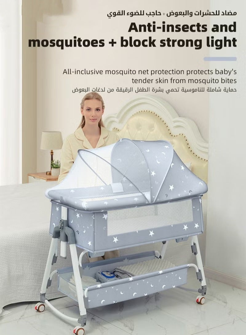 Baby Bedside Crib, Babies Bed with 360° Swivel Wheels, Portable Folding Bassinet for Infant Newborn, Nursery Beds with Mosquito Net, Mat, Basket, Cooler, Diaper Changing Station