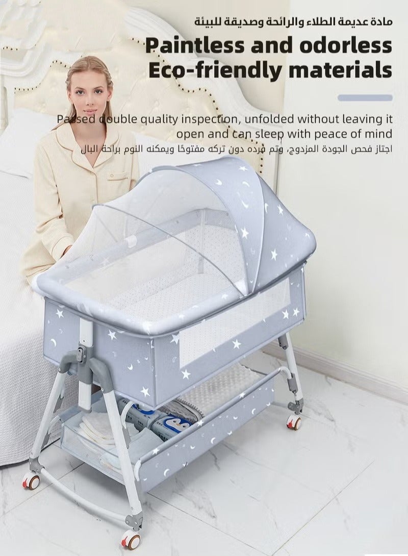 Baby Bedside Crib, Babies Bed with 360° Swivel Wheels, Portable Folding Bassinet for Infant Newborn, Nursery Beds with Mosquito Net, Mat, Basket, Cooler, Diaper Changing Station