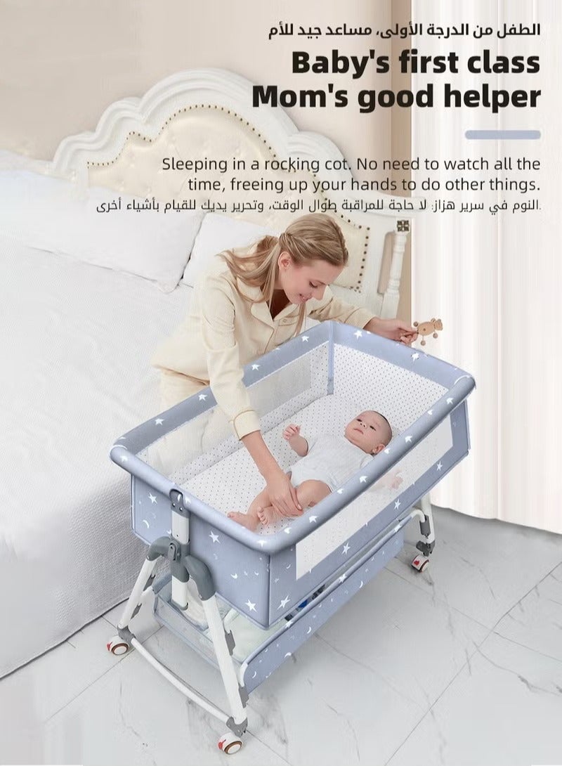 Baby Bedside Crib, Babies Bed with 360° Swivel Wheels, Portable Folding Bassinet for Infant Newborn, Nursery Beds with Mosquito Net, Mat, Basket, Cooler, Diaper Changing Station