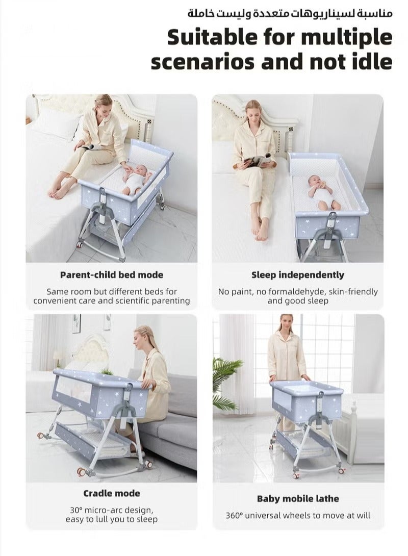 Baby Bedside Crib, Babies Bed with 360° Swivel Wheels, Portable Folding Bassinet for Infant Newborn, Nursery Beds with Mosquito Net, Mat, Basket, Cooler, Diaper Changing Station