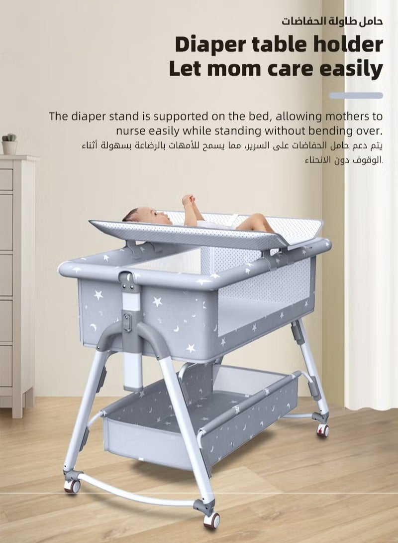 Baby Bedside Crib, Babies Bed with 360° Swivel Wheels, Portable Folding Bassinet for Infant Newborn, Nursery Beds with Mosquito Net, Mat, Basket, Cooler, Diaper Changing Station