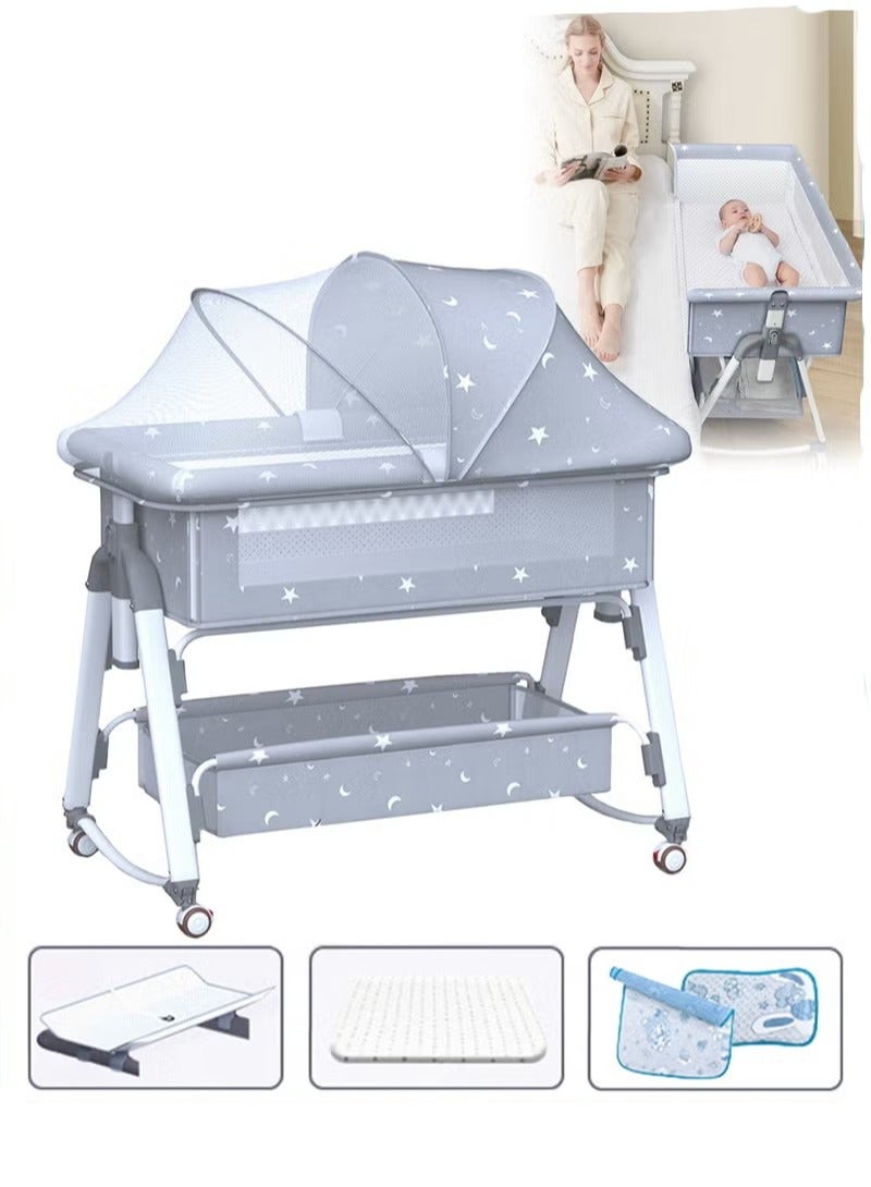 Baby Bedside Crib, Babies Bed with 360° Swivel Wheels, Portable Folding Bassinet for Infant Newborn, Nursery Beds with Mosquito Net, Mat, Basket, Cooler, Diaper Changing Station