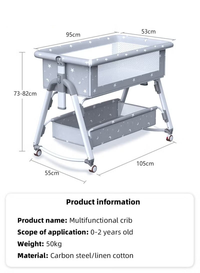 Baby Bedside Crib, Babies Bed with 360° Swivel Wheels, Portable Folding Bassinet for Infant Newborn, Nursery Beds with Mosquito Net, Mat, Basket, Cooler, Diaper Changing Station