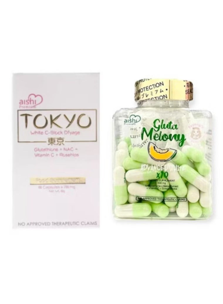 Aishi Premium Tokyo White C-Block Dfyage (42,000mg Japan Glutathione) and Gluta Melony Advamce White x10 - 60 Capsule
