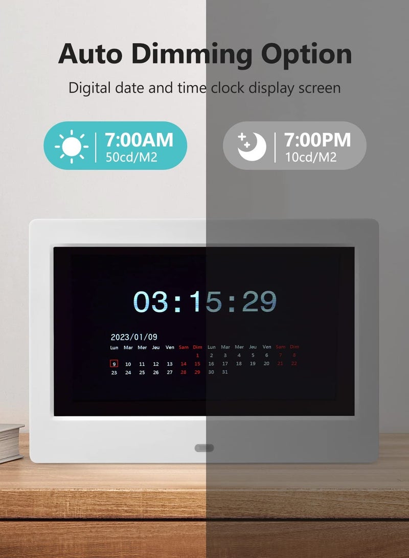 7'' HD Digital Alarm Clock with Custom Alarms, Calendar, and Digital Photo Frame - Large Display for Day and Date, Perfect for Home or Office Use.