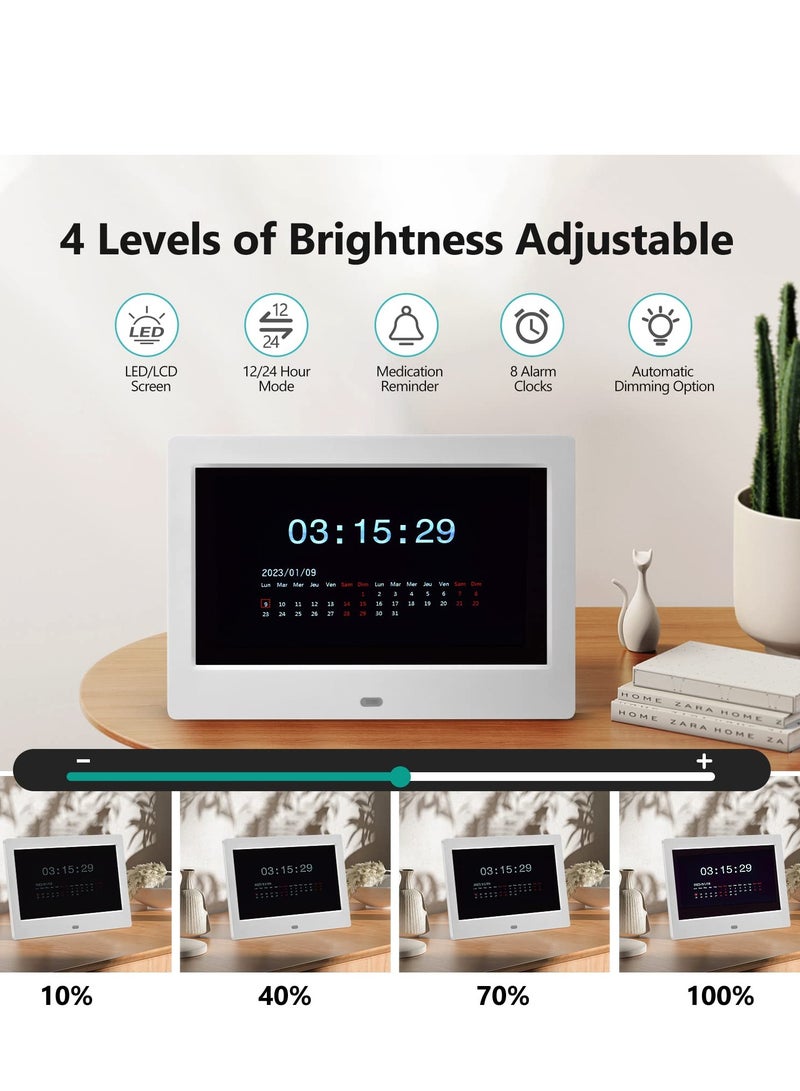 7'' HD Digital Alarm Clock with Custom Alarms, Calendar, and Digital Photo Frame - Large Display for Day and Date, Perfect for Home or Office Use.