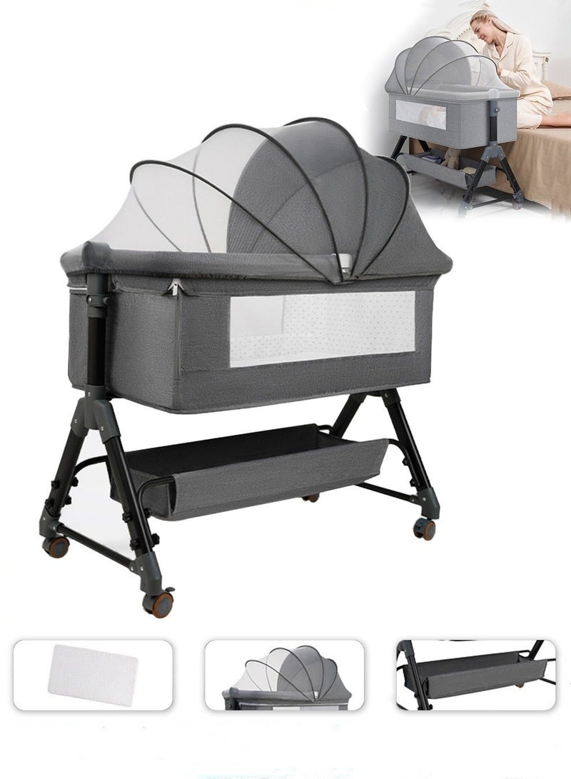 4Pcs Bedside Baby Crib, Portable Folding Babies Bassinet with Mosquito Net, Mattress, Diaper Changing Station, and 360° Swivel Wheels, Height Adjustable Nursery Bed for Infant Newborn
