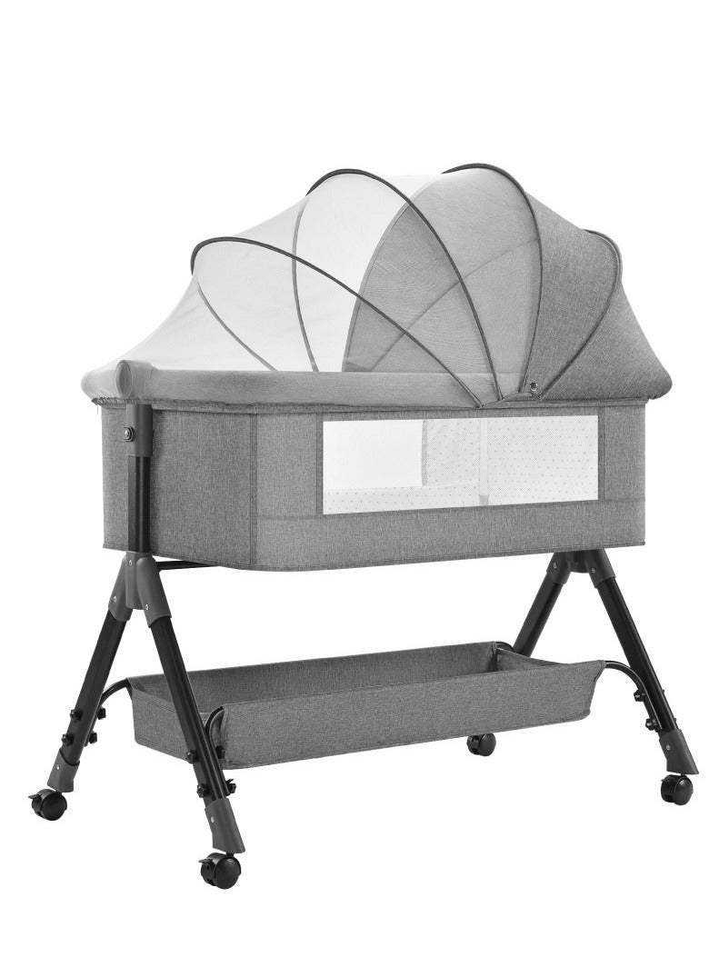 4Pcs Bedside Baby Crib, Portable Folding Babies Bassinet with Mosquito Net, Mattress, Diaper Changing Station, and 360° Swivel Wheels, Height Adjustable Nursery Bed for Infant Newborn