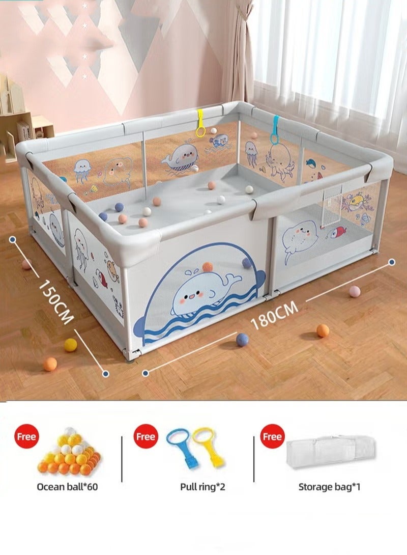 Baby Playpen Fence, Portable Babies Playards for Toddlers, Safety Infant Activity Center,  Sturdy Play Area, with 2 Pull Rings, 60 Marine Balls and Storage Bag, 150x180cm