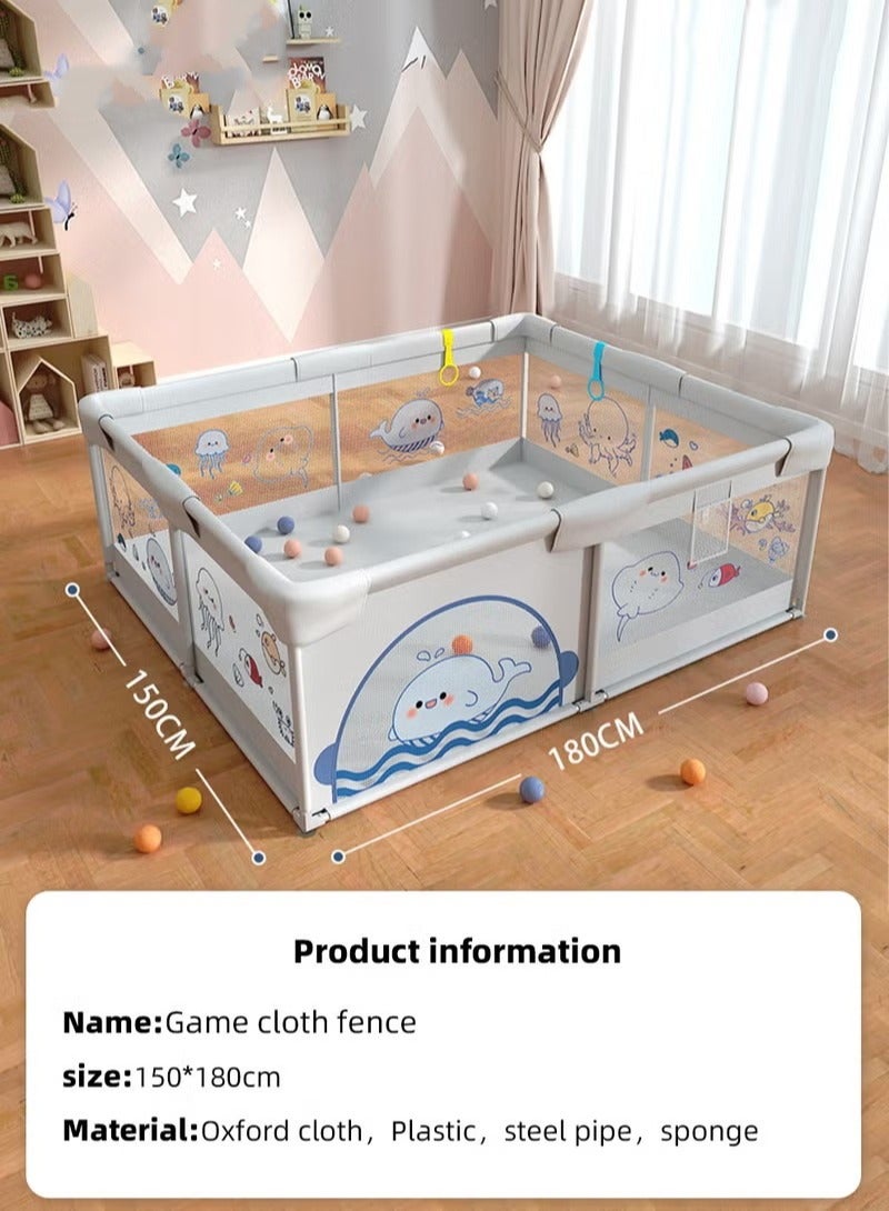 Baby Playpen Fence, Portable Babies Playards for Toddlers, Safety Infant Activity Center,  Sturdy Play Area, with 2 Pull Rings, 60 Marine Balls and Storage Bag, 150x180cm