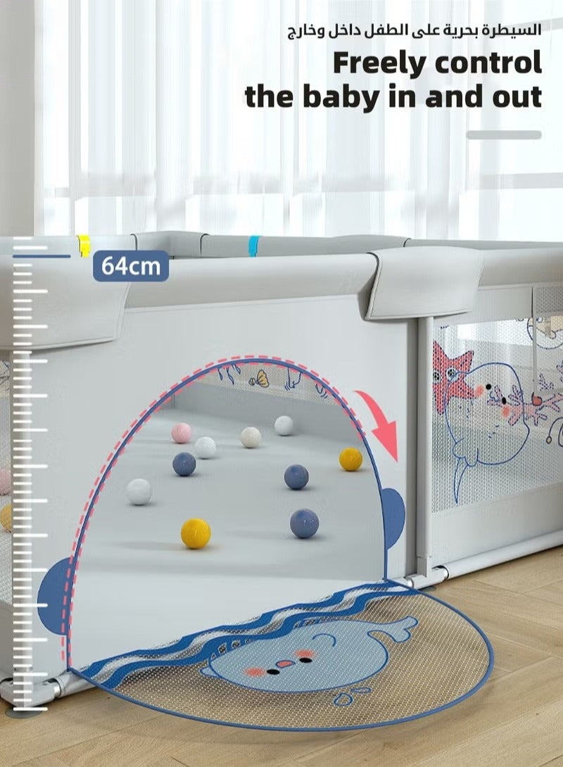 Baby Playpen Fence, Portable Babies Playards for Toddlers, Safety Infant Activity Center,  Sturdy Play Area, with 2 Pull Rings, 60 Marine Balls and Storage Bag, 150x180cm