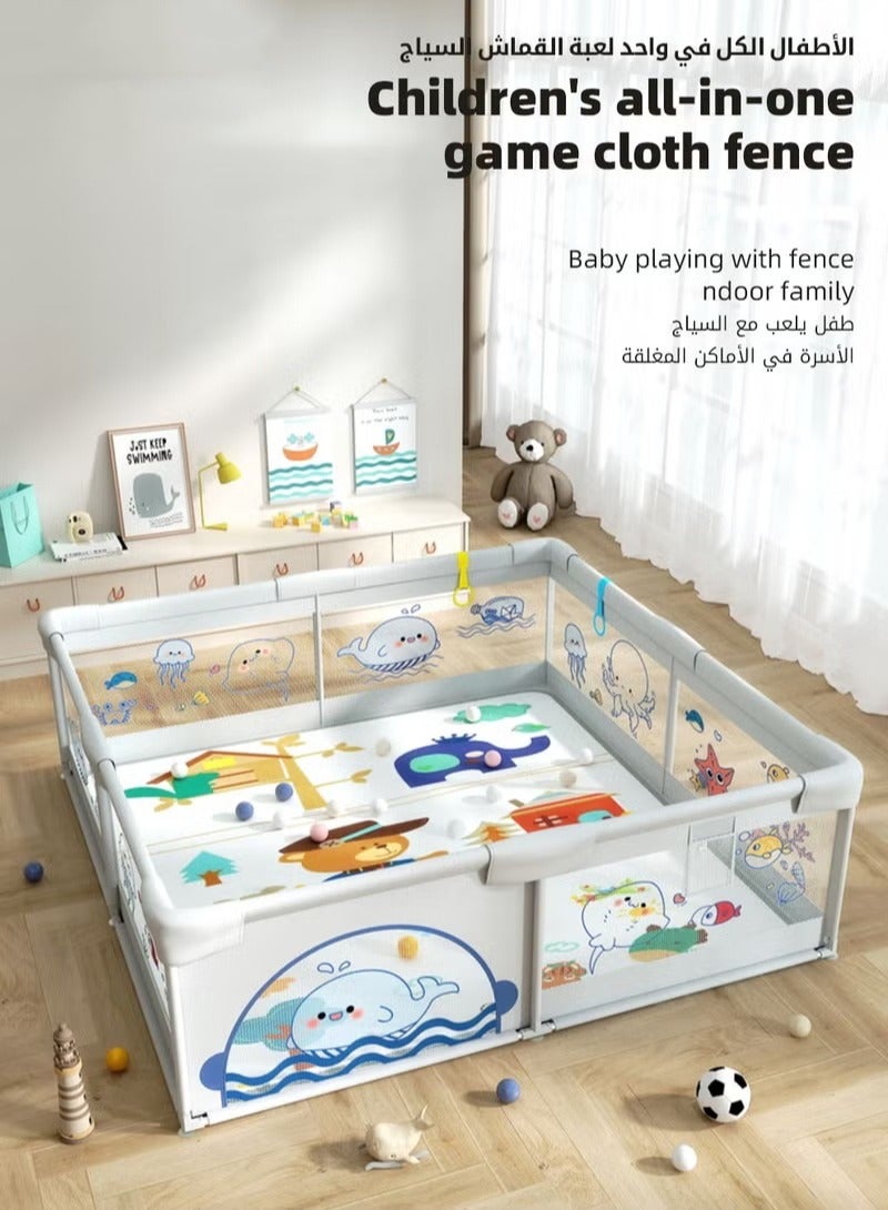 Baby Playpen Fence, Portable Babies Playards for Toddlers, Safety Infant Activity Center,  Sturdy Play Area, with 2 Pull Rings, 60 Marine Balls and Storage Bag, 150x180cm