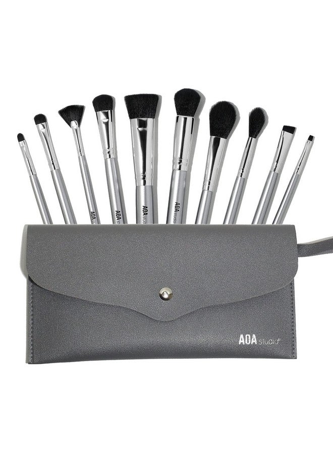 10Piece Silver Brush Set Professional Set Foundation Blending Blush Powder Kabuki Brushes 10Pcs (Silver Set)