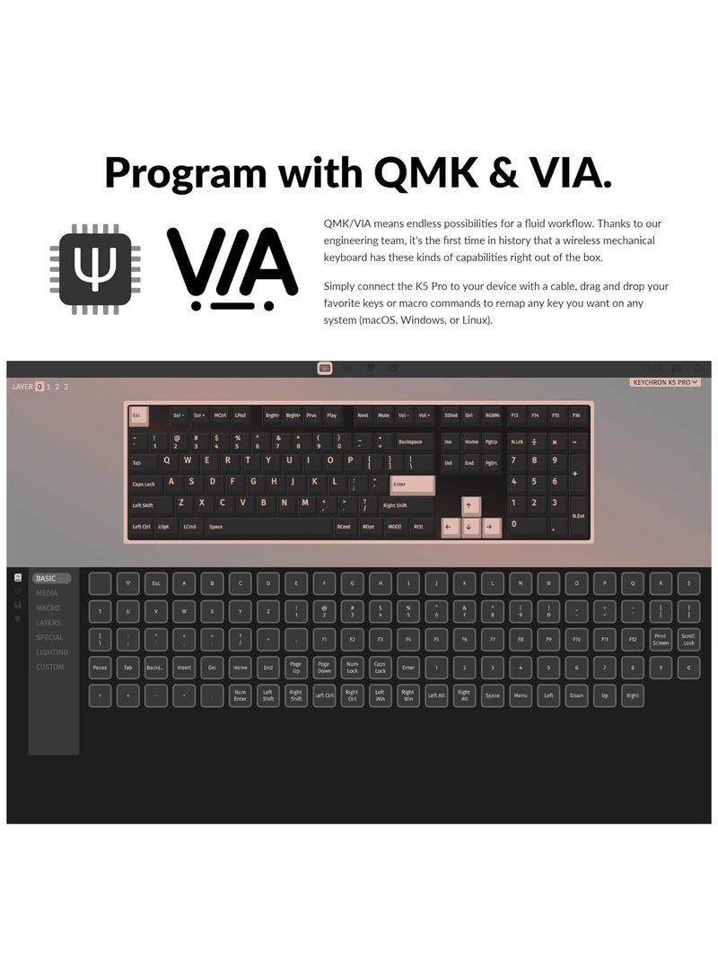 K5 Pro QMK/VIA Ultra-Slim Wireless Bluetooth/Wired USB Custom Mechanical Keyboard, 108-Key Programmable Macro RGB Backlight PBT Keycaps Low-Profile Gateron Red Switch for Mac Windows Linux