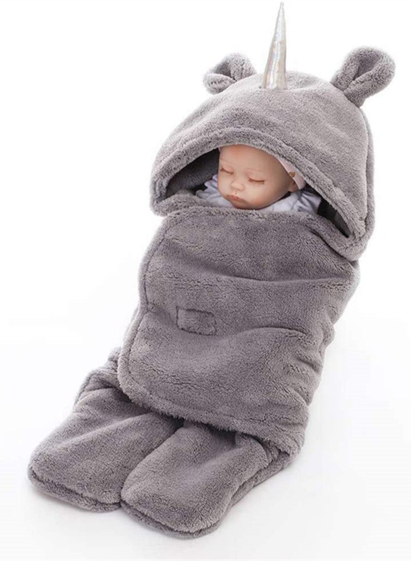 Baby Cute Hooded Swaddle Receiving Blanket, Fleece Cotton Stroller Crib Sleeping Bag Sack for Universal Baby Cute Newborn Infant Baby Boy Girl Swaddle Photography Prop For 0-12 Months (Gray)