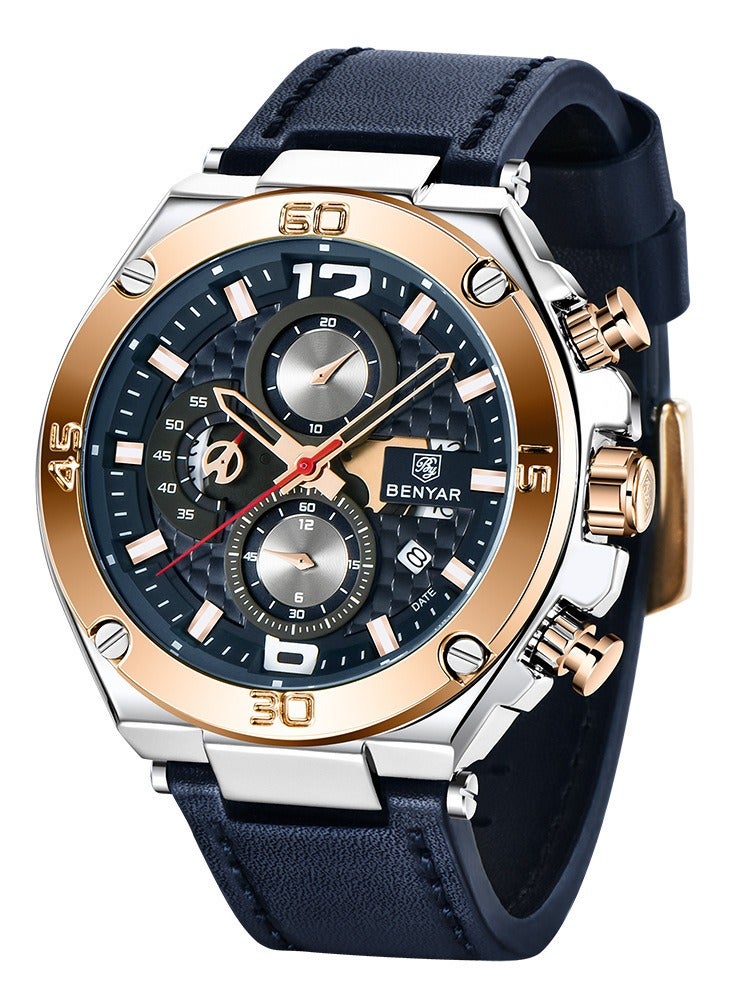 Watches for Men Luxury Quartz Water Resistant Watch Men's Chronograph Genuine Leather Strap 5151Blue
