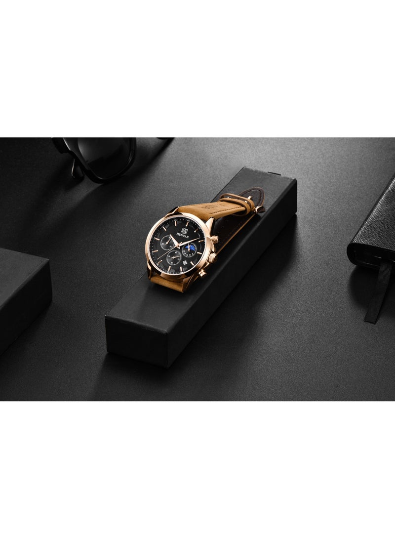 Watches for Men Luxury Quartz Water Resistant Watch Men's Chronograph Genuine Leather Strap 5160 Black