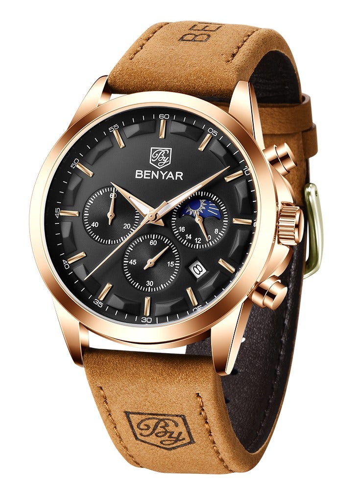 Watches for Men Luxury Quartz Water Resistant Watch Men's Chronograph Genuine Leather Strap 5160 Black