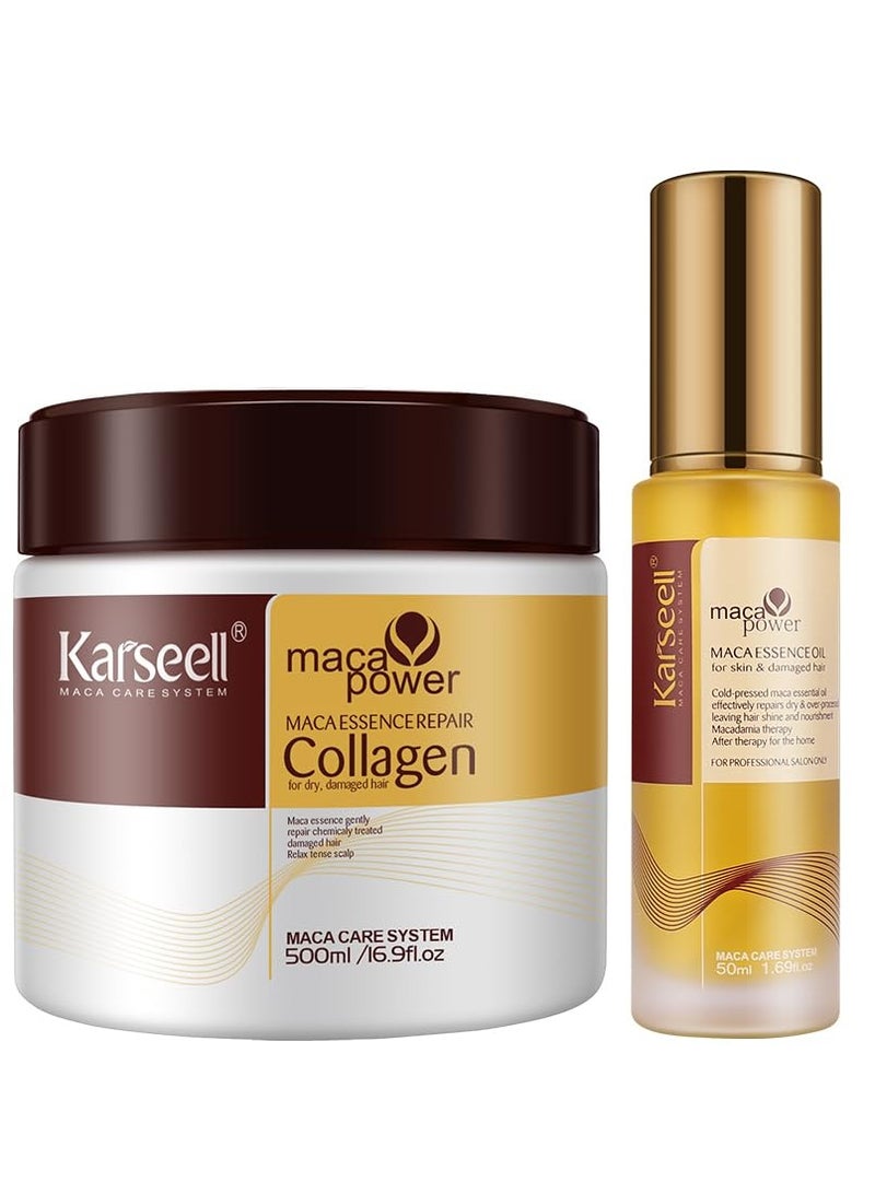 Karseell Collagen Hair Treatment Deep Repair Conditioning All Hair Types 16.90 oz 500ml + Argan Oil Hair Serum for Dry Damaged Hair 50ml