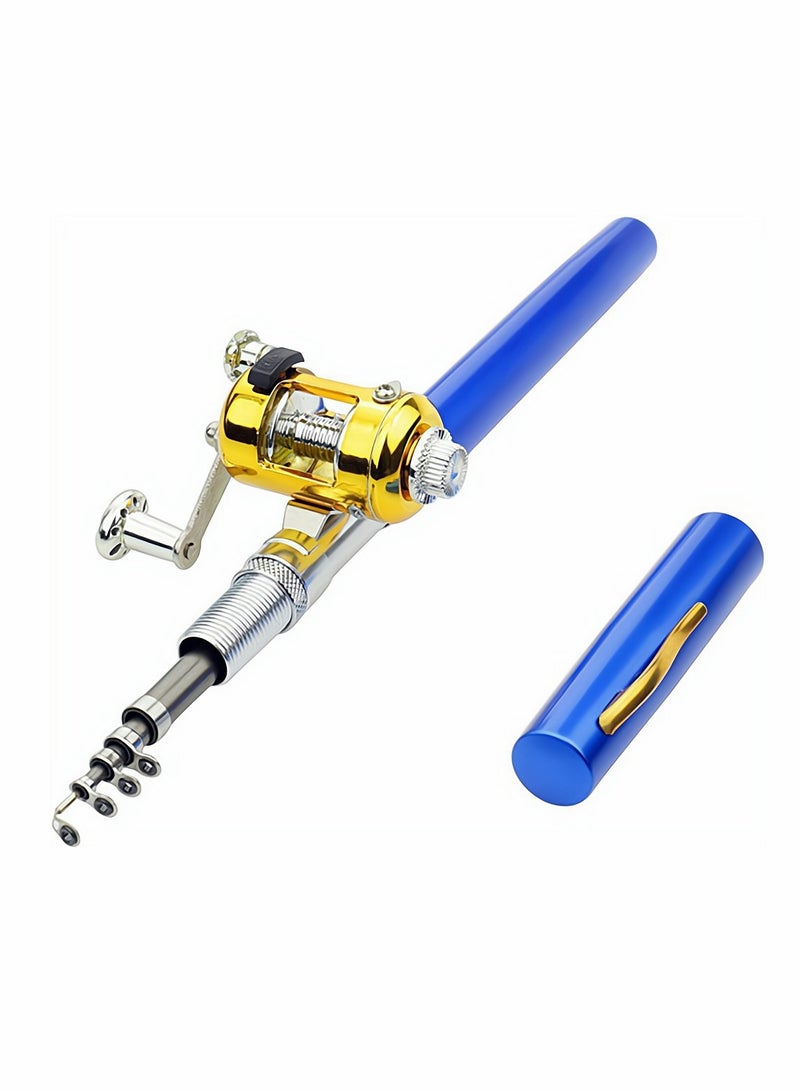 Portable Mini Telescopic Fishing Rod and Reel Combo - Aluminum Alloy Pocket Pen Shape Fishing Pole for Outdoor River and Lake Fishing, Compact and Lightweight, Blue