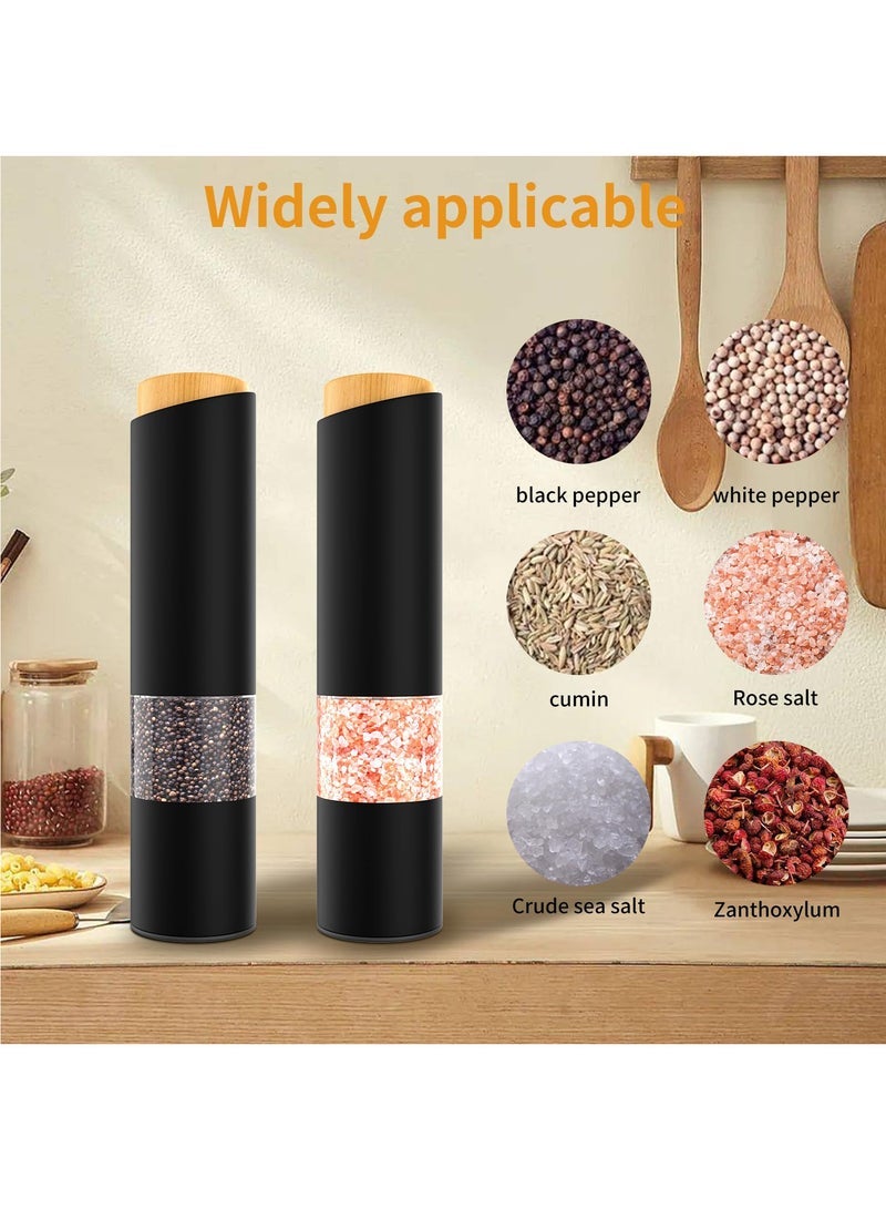 Electric Salt and Pepper Grinder Set of 2, Automatic Operation Salt Pepper Mill Sets with Adjustable Coarseness, Battery Powered, LED light, One Hand Operation-Black