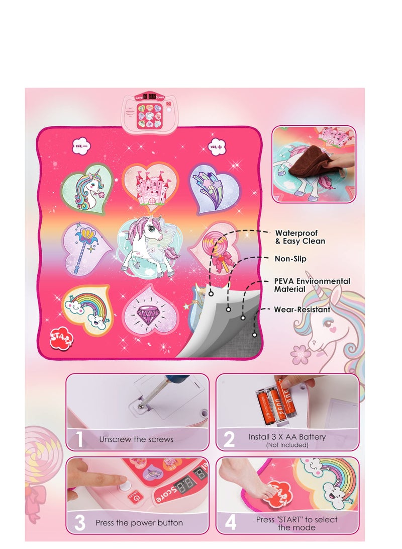 Unicorn Dance Mat for Kids - 5 Game Modes, 8 Songs, LED Lights & Adjustable Volume, Perfect for Girls Aged 3-6+