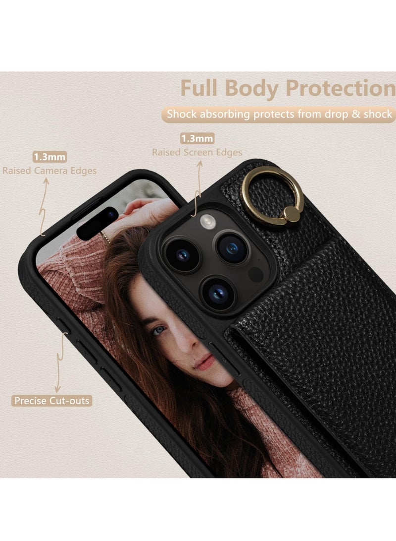 Crossbody Case for iPhone 15 Pro Max with RFID Blocking Card Slots, Detachable Lanyard Strap, 360°Ring Stand, Lychee Print iPhone 15 Pro Max Case (Black, 6.7'')