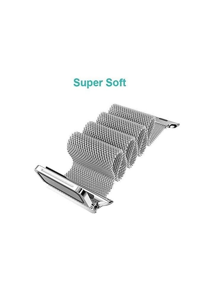 FITIT Stainless Steel Metal Strap Milanese Loop Alloy Replacement for iWatch Series 9 and Below, 42mm 45mm 49mm with powerful Magnetic lock, Silver