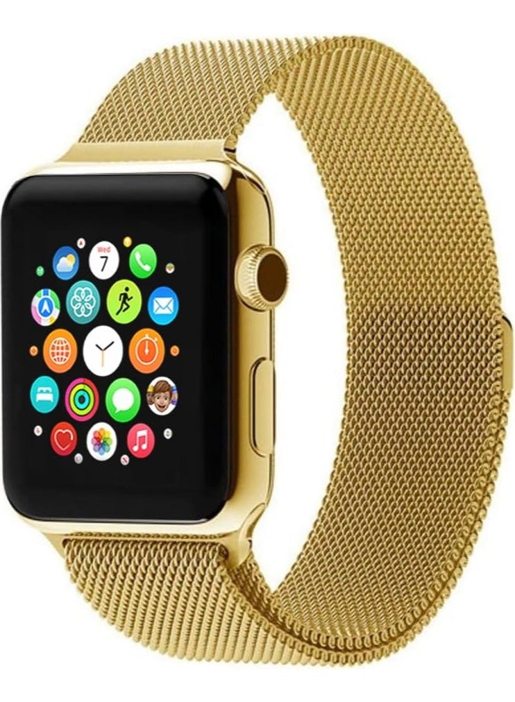 FITIT Stainless Steel Metal Strap Milanese Loop Alloy Replacement for iWatch Series 9 and Below, 38mm 40mm 41mm with powerful Magnetic lock, Gold.