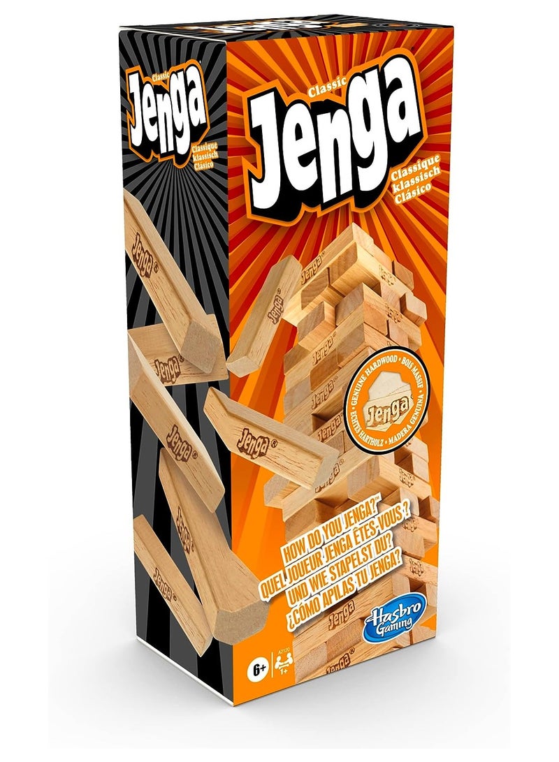 Hasbro Gaming - Classic Jenga Game, Genuine Hardwood Blocks, Jenga Stacking Tower Party Game For Family And Kids Ages 6+, Birthday Gift & Gift For All Ocasions