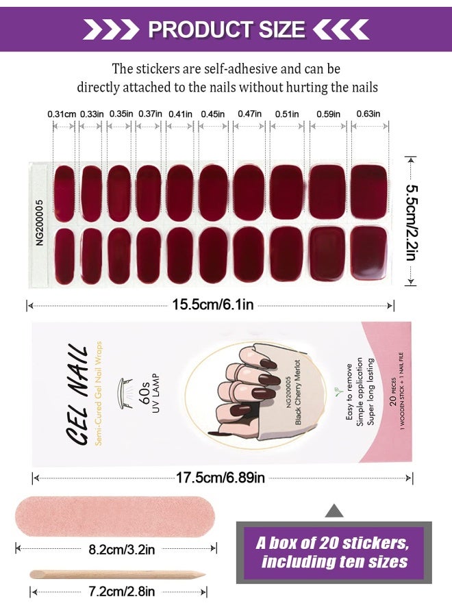 20 Pieces S Semi Cured Gel Nail Polish Strips Wine Red Adhesive Full Wrap Gel Nail Art Sticker Waterproof Gel Nail Wrap Stickers With Nail File And Stick Uv/Led Lamp Required