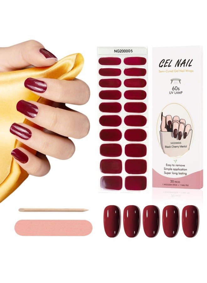 20 Pieces S Semi Cured Gel Nail Polish Strips Wine Red Adhesive Full Wrap Gel Nail Art Sticker Waterproof Gel Nail Wrap Stickers With Nail File And Stick Uv/Led Lamp Required