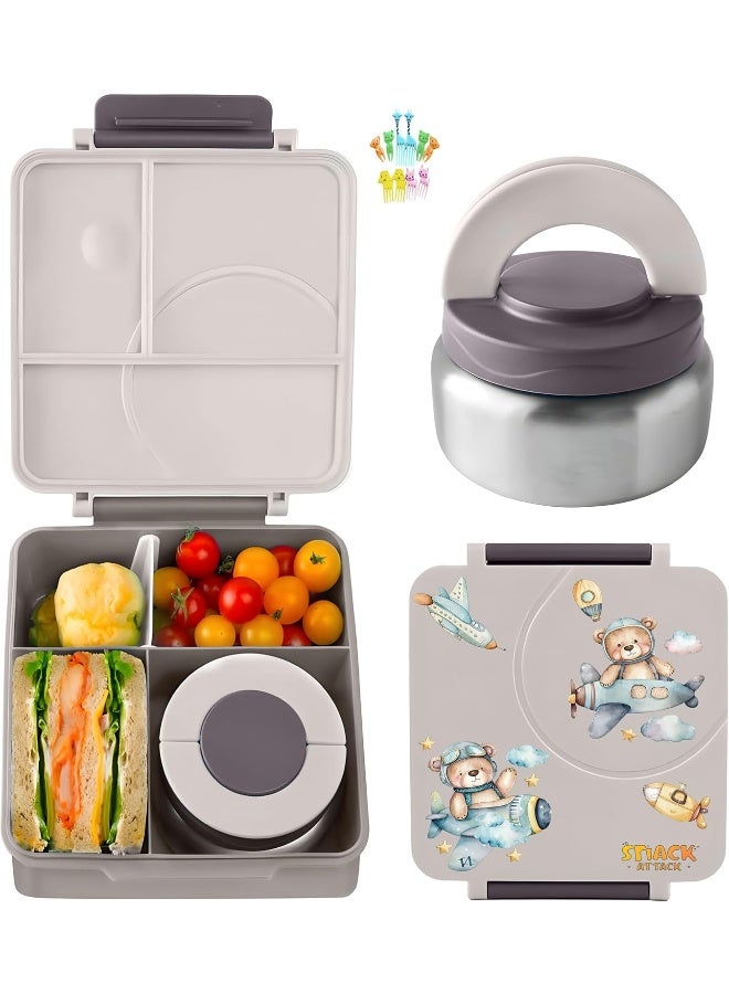 Bento Lunch Box for Kids school with 9.7oz Soup thermos, Leak-proof Lunch Containers with 5 Compartment, thermos Food Jar, Food Containers for School (Grey And Mouhave Pilot)