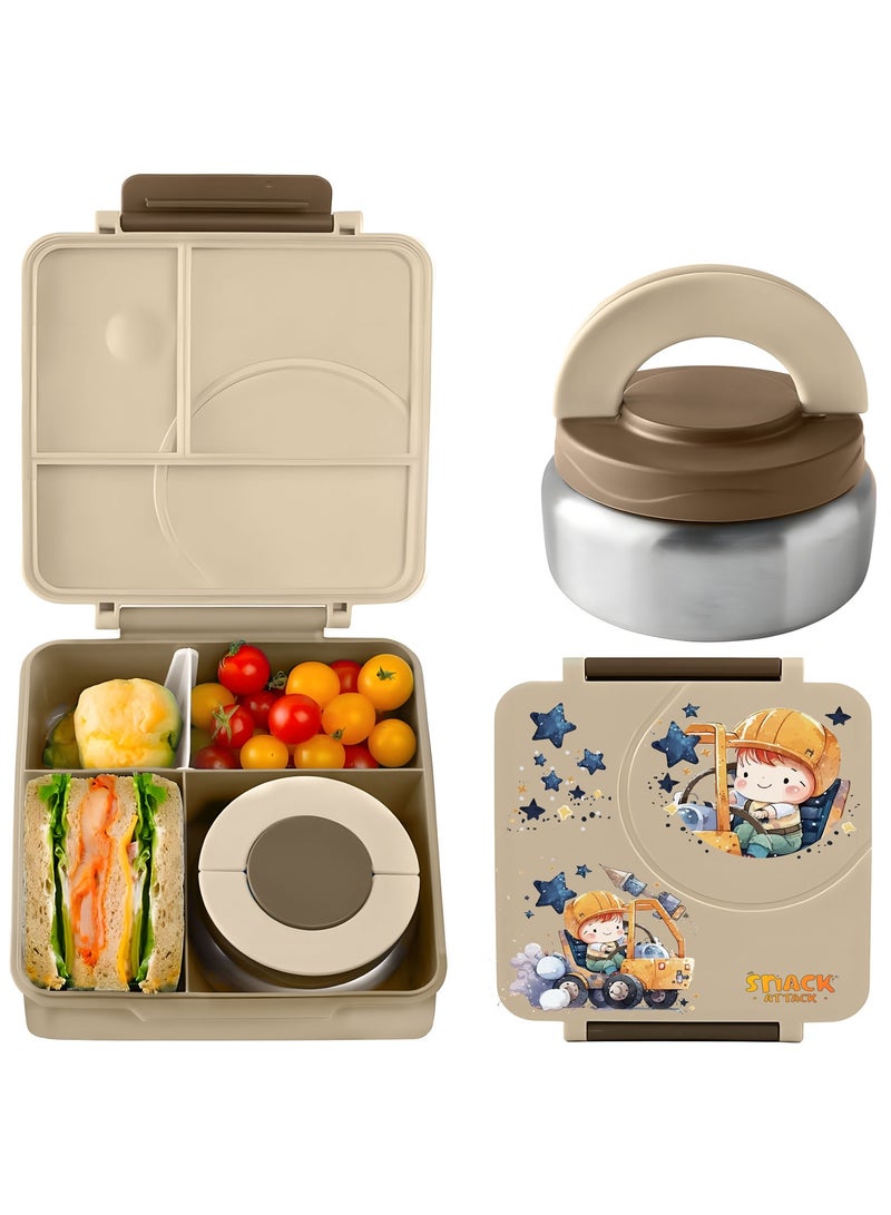 Bento Lunch Box for Kids school with 9.7oz Soup thermos, Leak-proof Lunch Containers with 5 Compartment, thermos Food Jar, Food Containers for School (Cream Brown Construction)