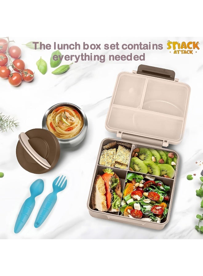 Bento Lunch Box for Kids school with 9.7oz Soup thermos, Leak-proof Lunch Containers with 5 Compartment, thermos Food Jar, Food Containers for School (Cream Brown Construction)