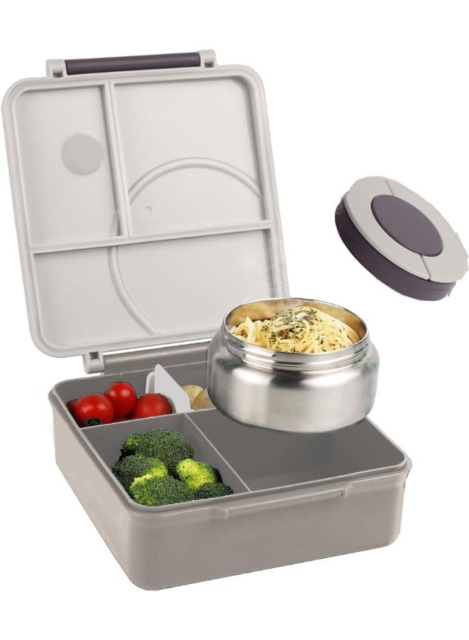 Bento Lunch Box for Kids school with 9.7oz Soup thermos, Leak-proof Lunch Containers with 5 Compartment, thermos Food Jar, Food Containers for School (Grey And Mouhave Unicorn)