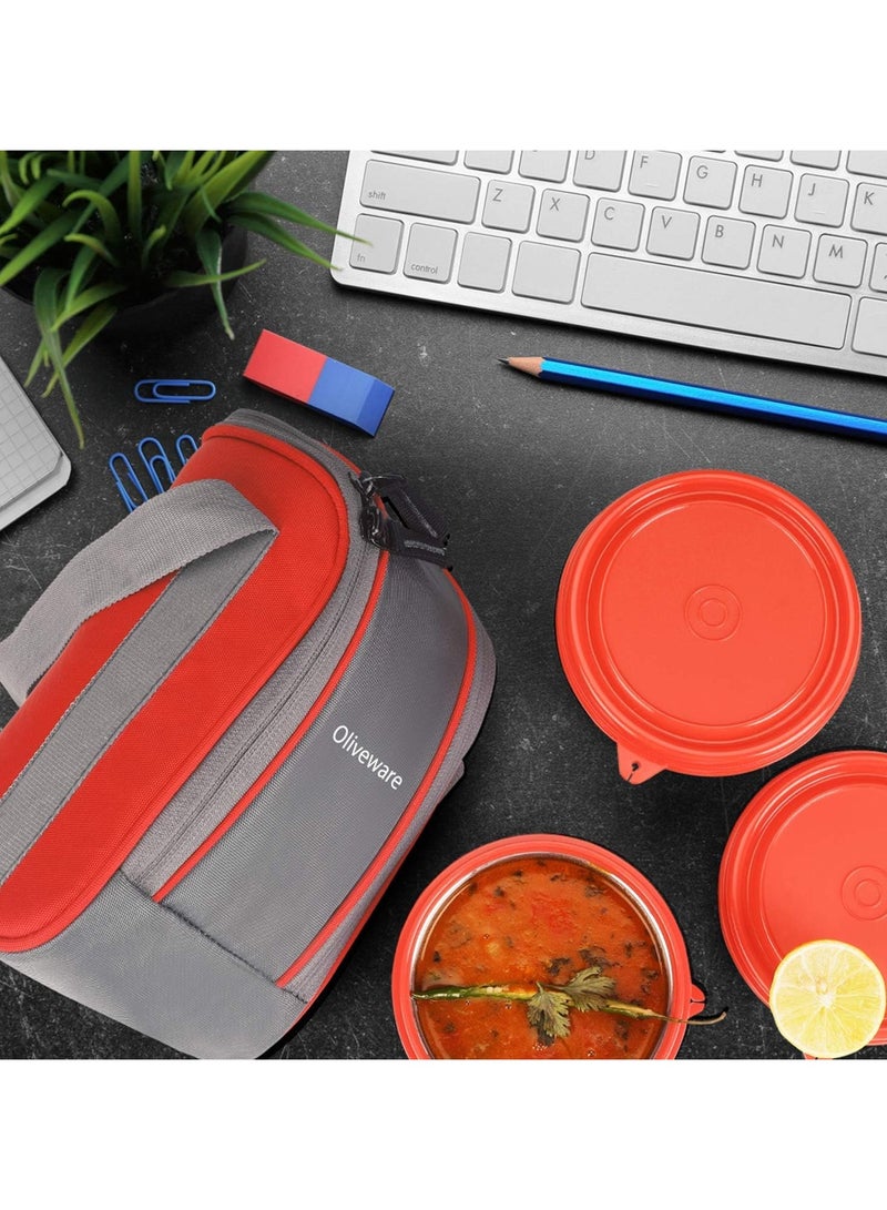 Oliveware Boss Lunch Box - Red | Steel Range | Microwave Safe & Leak Proof | 3 Air-Tight Containers with Bag | Keep Food Hot | School, College & Office Use