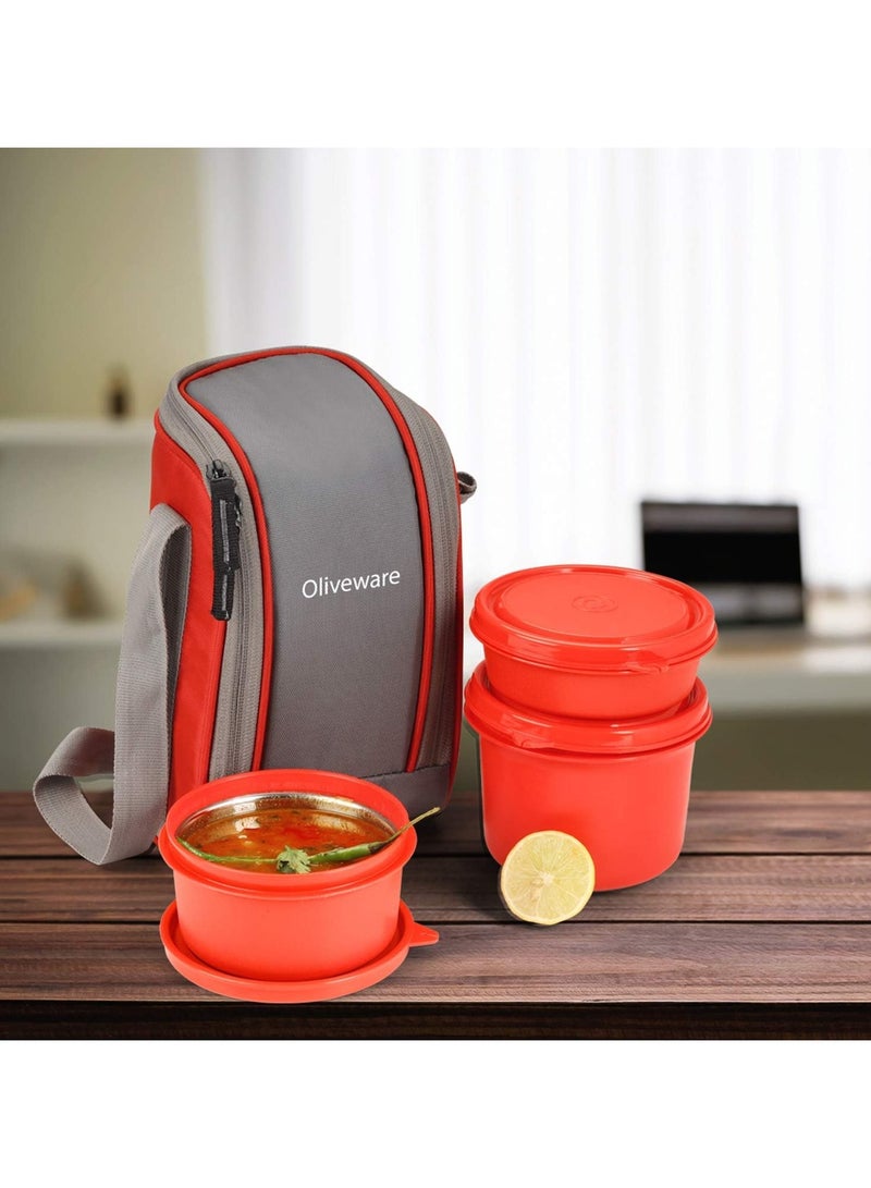 Oliveware Boss Lunch Box - Red | Steel Range | Microwave Safe & Leak Proof | 3 Air-Tight Containers with Bag | Keep Food Hot | School, College & Office Use