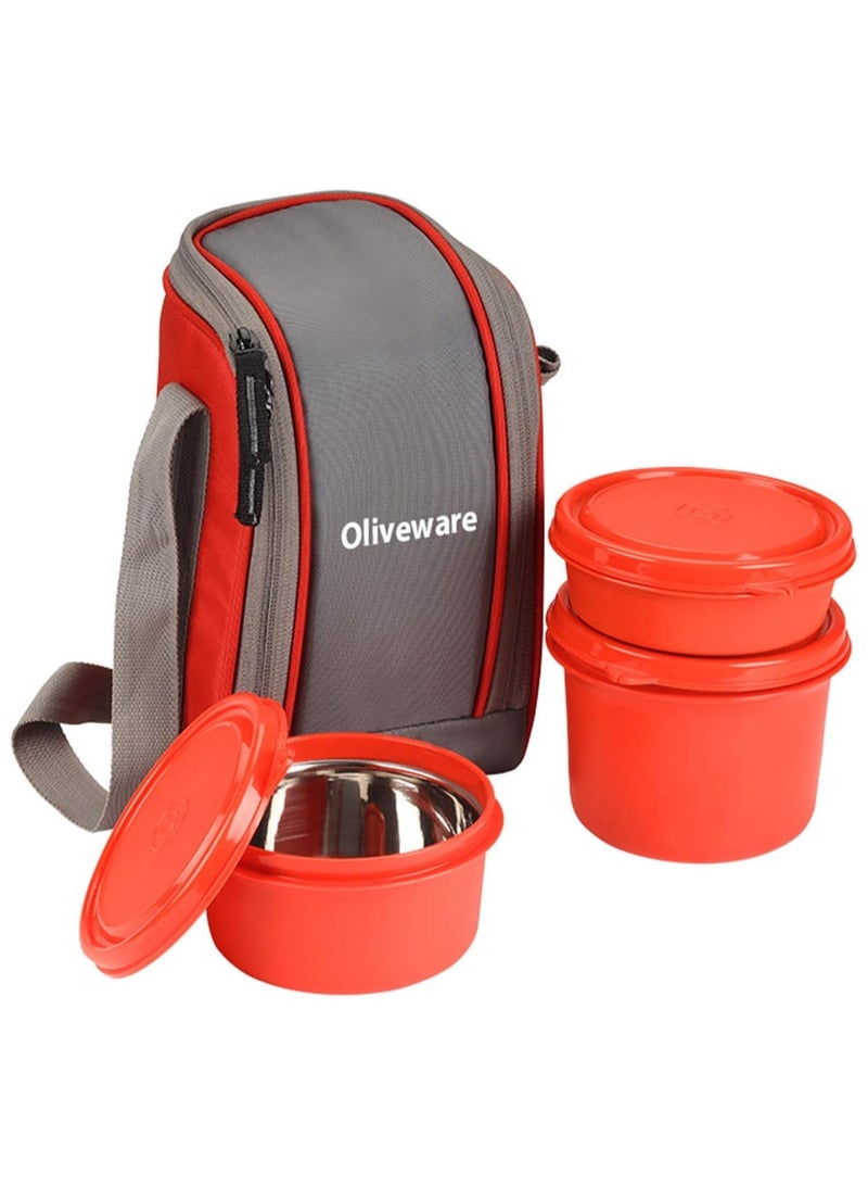 Oliveware Boss Lunch Box - Red | Steel Range | Microwave Safe & Leak Proof | 3 Air-Tight Containers with Bag | Keep Food Hot | School, College & Office Use