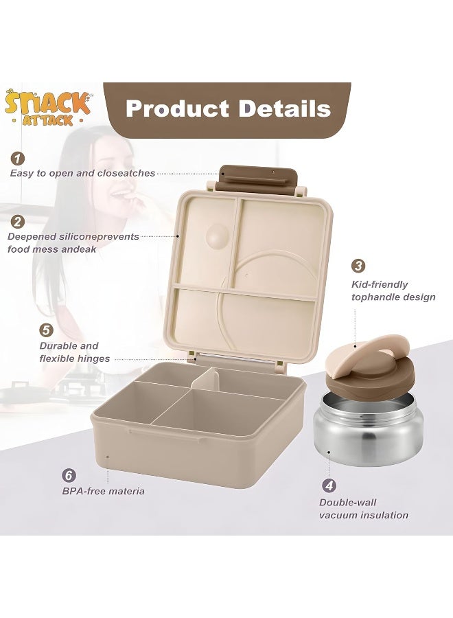 Bento Lunch Box for Kids school with 9.7oz Soup thermos, Leak-proof Lunch Containers with 5 Compartment, thermos Food Jar, Food Containers for School (Cream brown Dino)