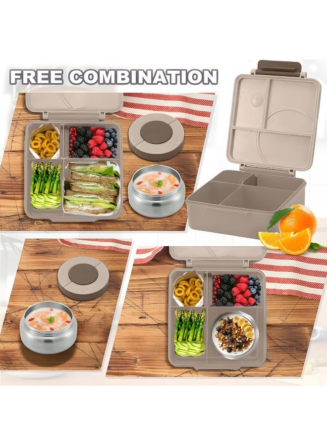 Bento Lunch Box for Kids school with 9.7oz Soup thermos, Leak-proof Lunch Containers with 5 Compartment, thermos Food Jar, Food Containers for School (Cream brown Dino)