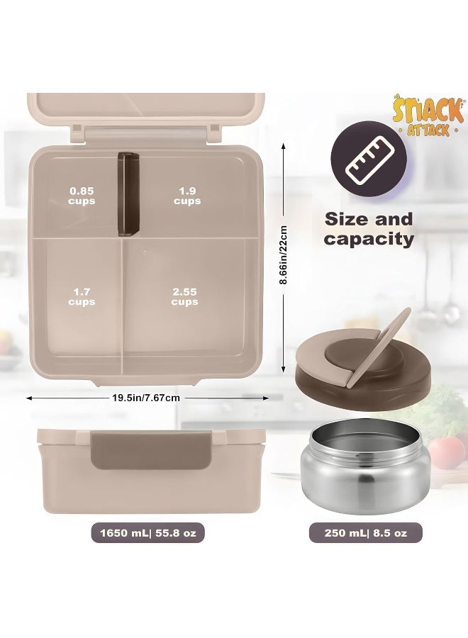Bento Lunch Box for Kids school with 9.7oz Soup thermos, Leak-proof Lunch Containers with 5 Compartment, thermos Food Jar, Food Containers for School (Cream brown Dino)