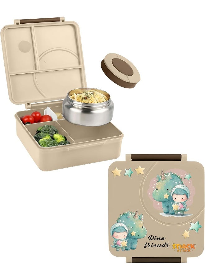 Bento Lunch Box for Kids school with 9.7oz Soup thermos, Leak-proof Lunch Containers with 5 Compartment, thermos Food Jar, Food Containers for School (Cream brown Dino)