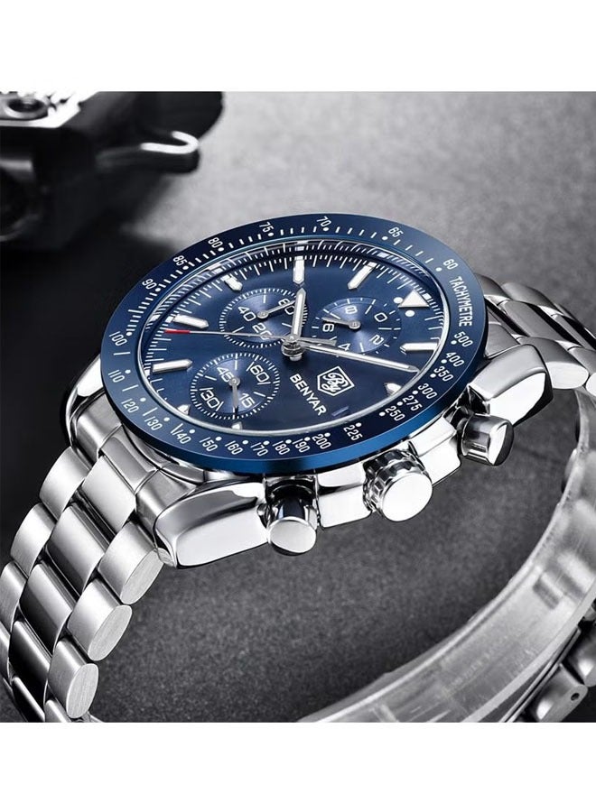 Men's quartz watches, waterproof sports chronograph watches, men's automatic date watches, dial 45mm BY5140 Silver Blue