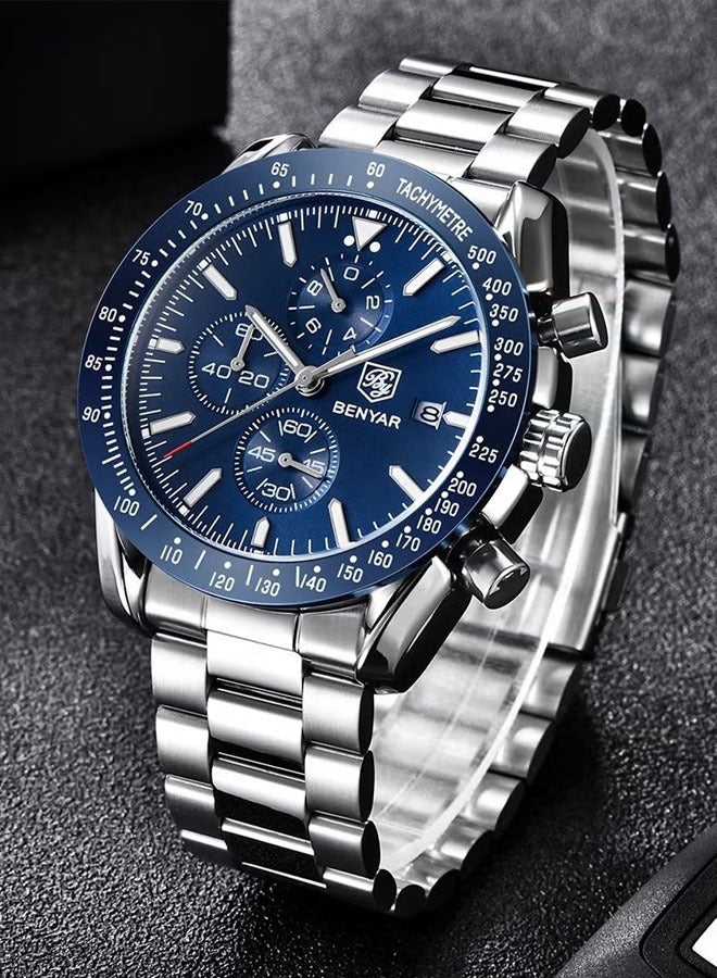 Men's quartz watches, waterproof sports chronograph watches, men's automatic date watches, dial 45mm BY5140 Silver Blue