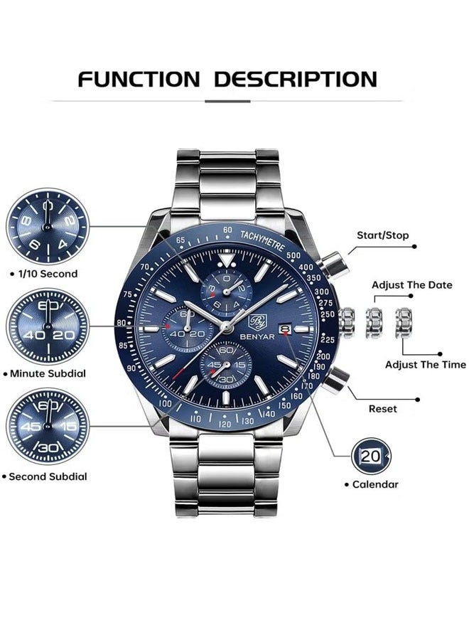 Men's quartz watches, waterproof sports chronograph watches, men's automatic date watches, dial 45mm BY5140 Silver Blue