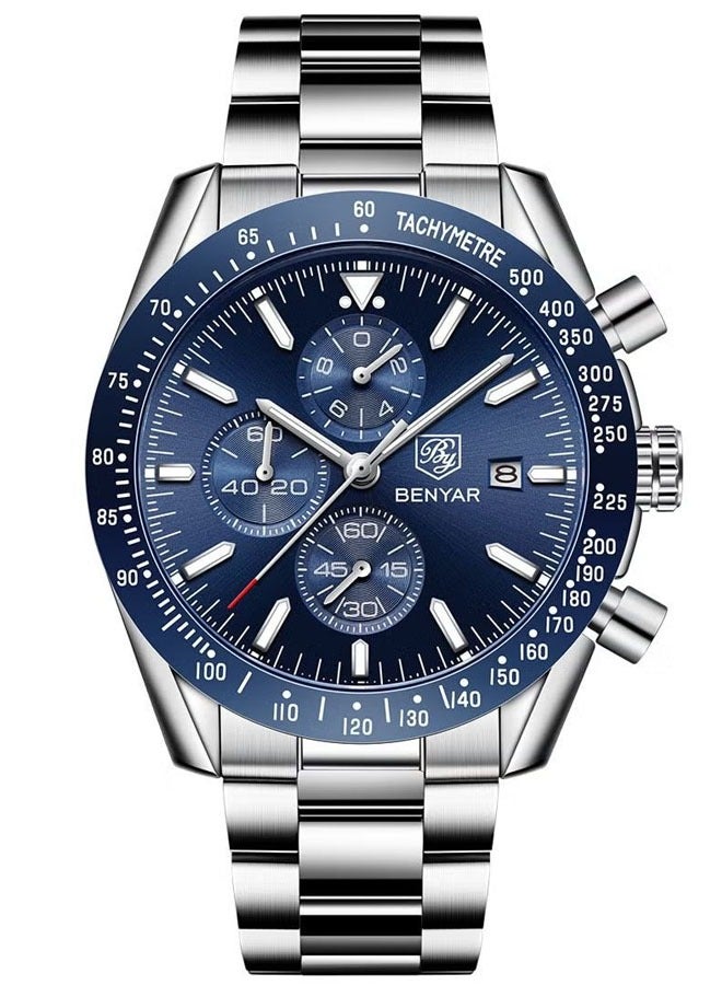 Men's quartz watches, waterproof sports chronograph watches, men's automatic date watches, dial 45mm BY5140 Silver Blue